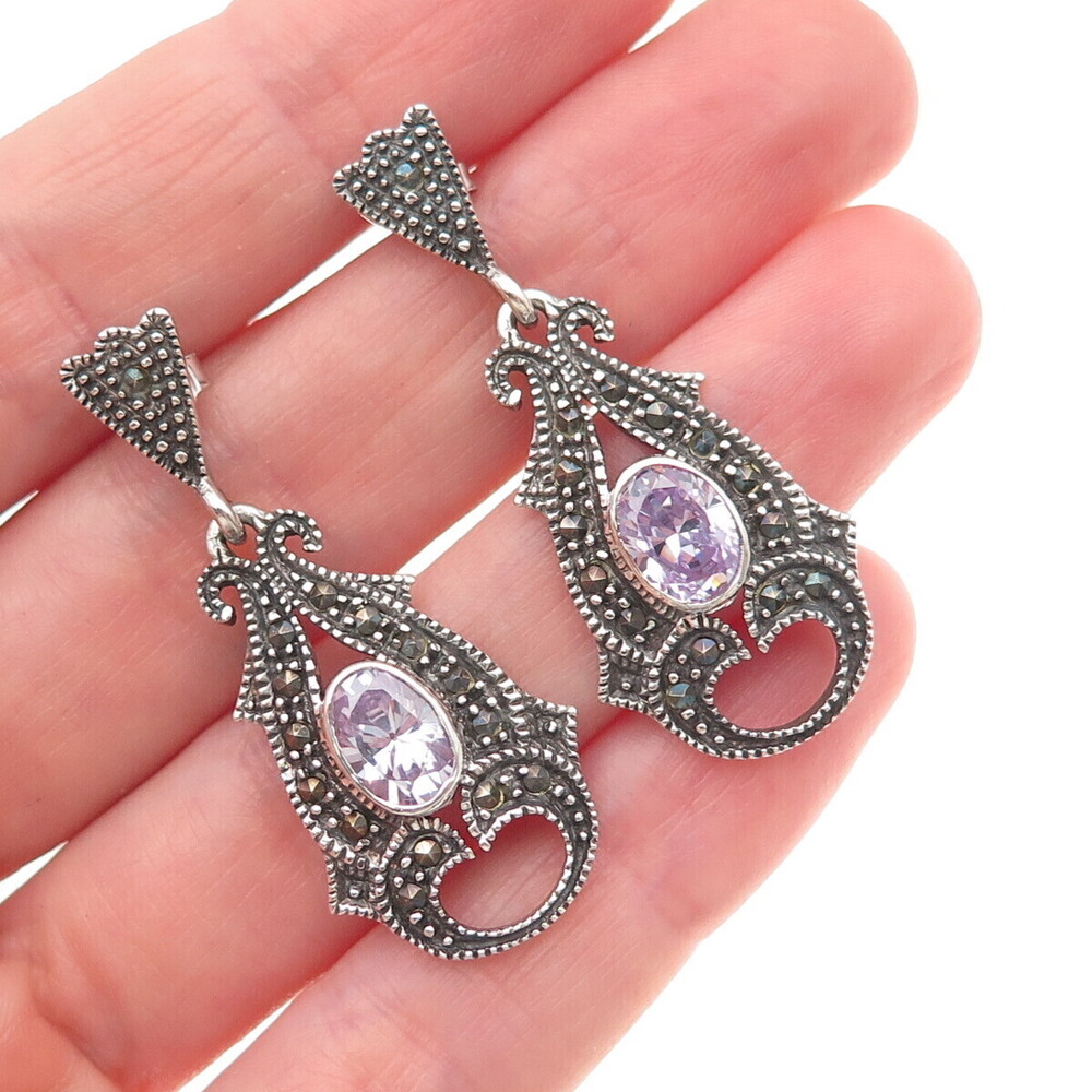 925 Sterling Silver Vintage Real Marcasite & Lavender C Z Dangle Earrings